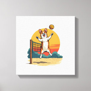 Vintage Corgi Volleyball Retro-Sonnenuntergang Vek Leinwanddruck