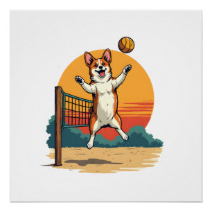 Vintage Corgi Volleyball Retro-Sonnenuntergang Vek Poster