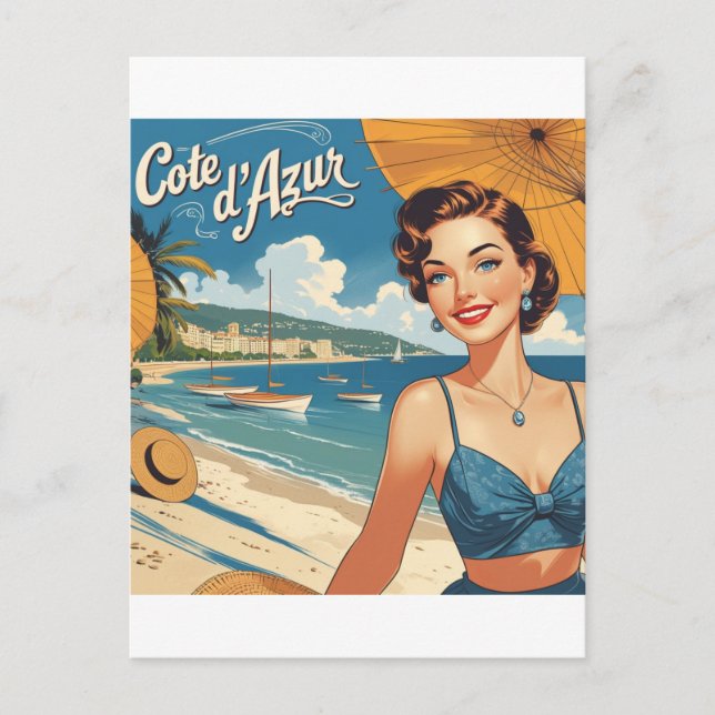 Vintage Cote D'Azur Beach Girl Feiertagspostkarte (Vorderseite)