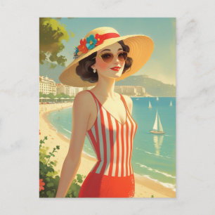 Vintage Cote D'Azur Beach Girl Feiertagspostkarte