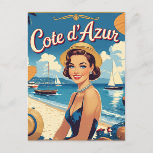 Vintage Cote D'Azur Beach Girl Feiertagspostkarte