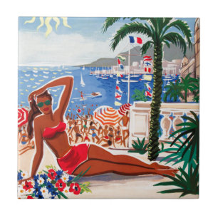 Vintage Cote D'Azur Beach Girl Fliese