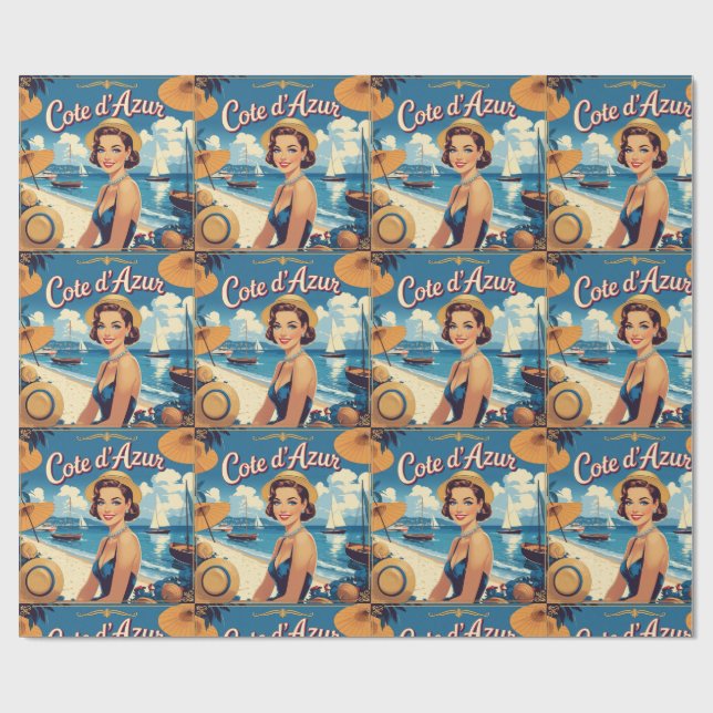 Vintage Cote D'Azur Beach Girl Geschenkpapier (Flach)