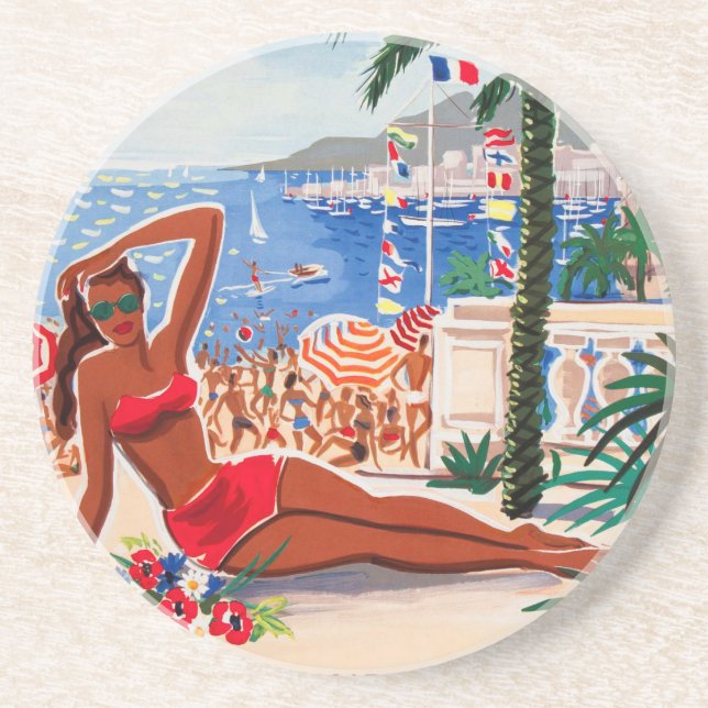 Vintage Cote D'Azur Beach Girl Getränkeuntersetzer (Vorne)