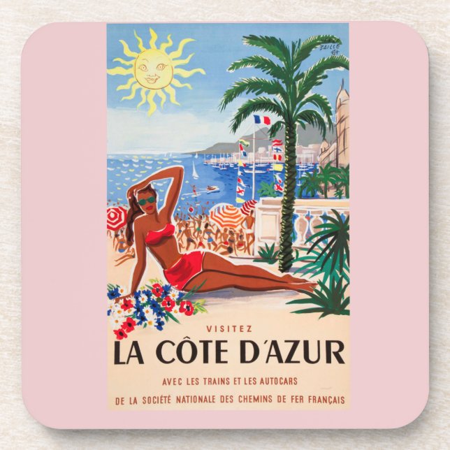 Vintage Cote D'Azur Beach Girl Getränkeuntersetzer (Vorderseite)