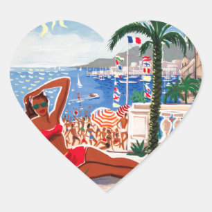 Vintage Cote D'Azur Beach Girl Herz-Aufkleber