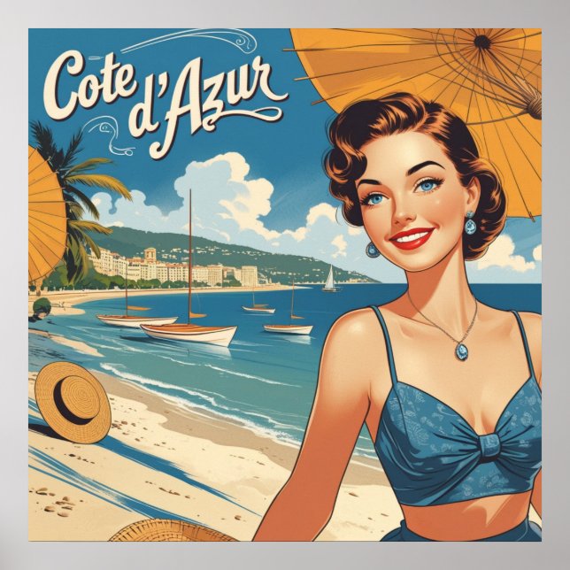 Vintage Cote D'Azur Beach Girl Poster (Vorne)