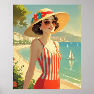 Vintage Cote D'Azur Beach Girl Poster