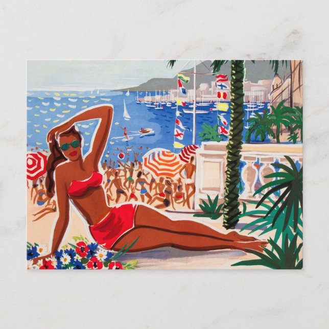 Vintage Cote D'Azur Beach Girl Postkarte (Vorderseite)