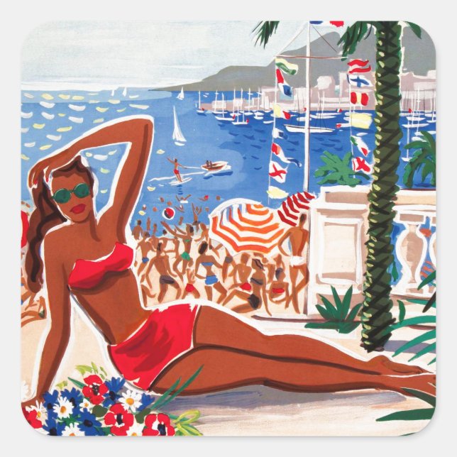Vintage Cote D'Azur Beach Girl Quadratischer Aufkleber (Vorderseite)