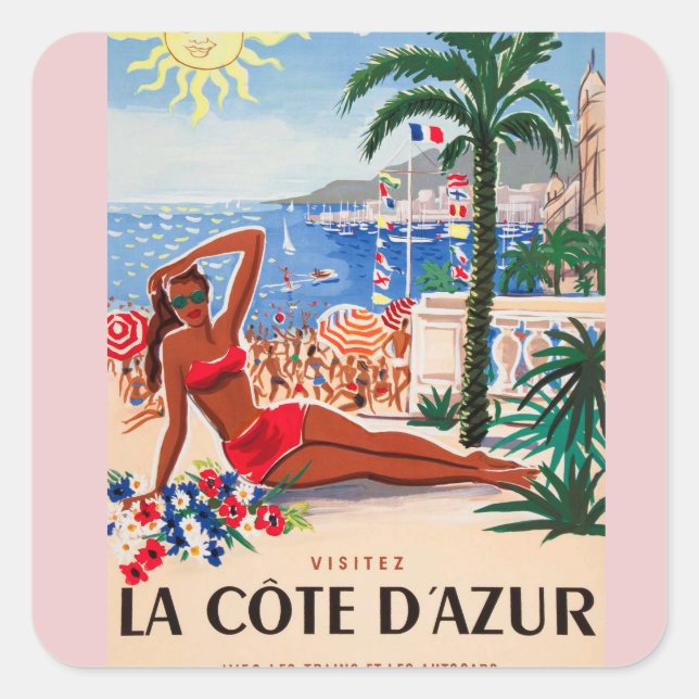 Vintage Cote D'Azur Beach Girl Quadratischer Aufkleber (Vorderseite)