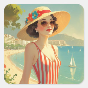 Vintage Cote D'Azur Beach Girl Quadratischer Aufkleber