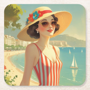 Vintage Cote D'Azur Beach Girl Rechteckiger Pappuntersetzer