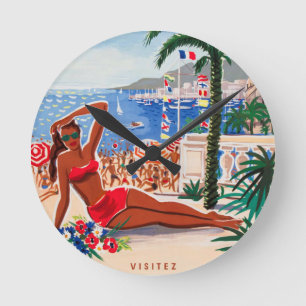 Vintage Cote D'Azur Beach Girl Runde Wanduhr