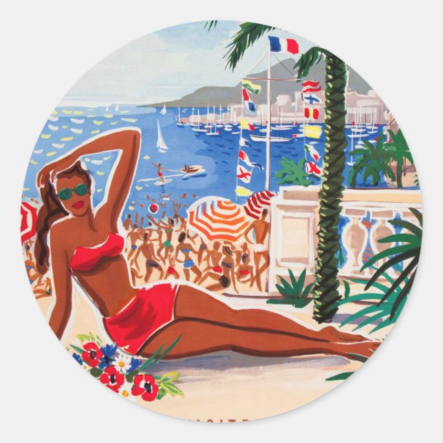 Vintage Cote D'Azur Beach Girl Runder Aufkleber (Vorderseite)