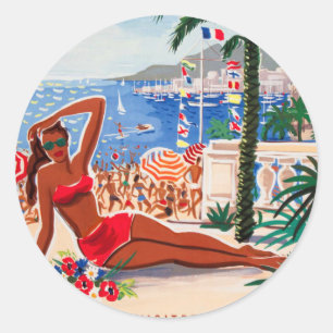 Vintage Cote D'Azur Beach Girl Runder Aufkleber