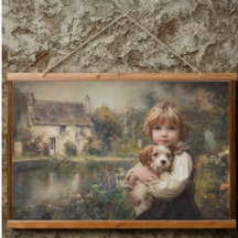 Vintage Cottage Kind mit Welpe Poster