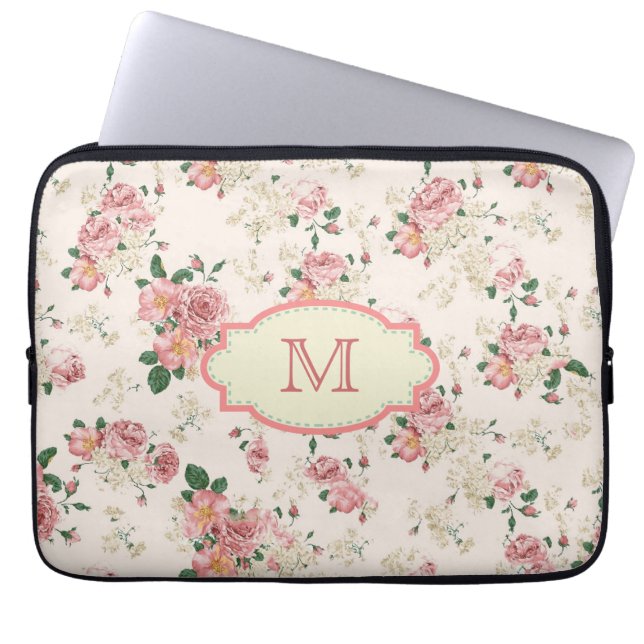 Vintage Cottage Rose Monogramm-Etuik Laptopschutzhülle (Vorderseite)