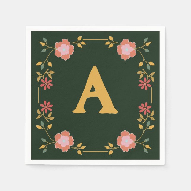 Vintage Cottage Tea Grün Monogramm Serviette (Vorderseite)