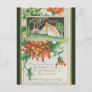 Vintage Cottage und Chrysanthemen Thanksgiving Postkarte