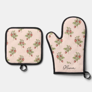 Vintage Cottagecore-Ästhetik Beeren und Blüten Ofenhandschuh & Topflappen-Set