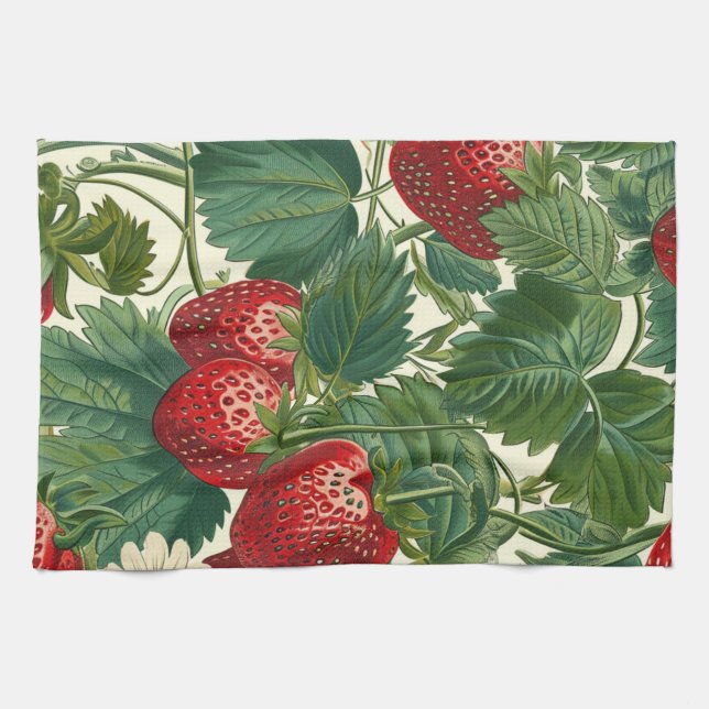 Vintage Cottagecore Botanische Erdbeere  Geschirrtuch (Horizontal)