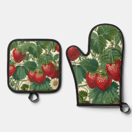 Vintage Cottagecore Botanische Erdbeere Ofenhandschuh & Topflappen-Set