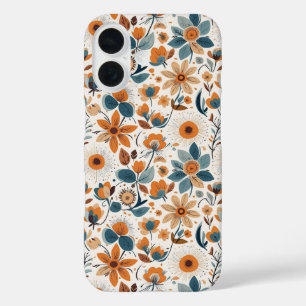 Vintage Cottagecore Botanische Orange Blaue Blumen iPhone 16 Hülle
