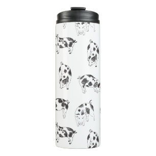 Vintage Cottagecore-Schwein LineArt Minimalist Mus Thermosbecher