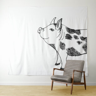 Vintage Cottagecore-Schwein LineArt Minimalist Mus Wandteppich