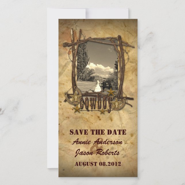 Vintage Country Cowboy Hochzeit Fotokarte Save The Date (Vorderseite)