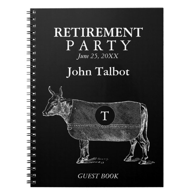 VINTAGE Cow Retirement Black Guest Book Monogram Notizblock (Vorderseite)