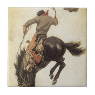 Vintage Cowboy, Bronco Buster Studie von NC Wyeth Fliese