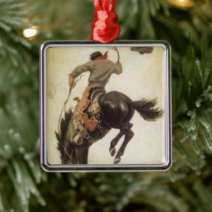 Vintage Cowboy, Bronco Buster Studie von NC Wyeth Silbernes Ornament
