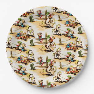 Vintage Cowboy Cowgirl Country Kids Pony Kaktus Na Pappteller