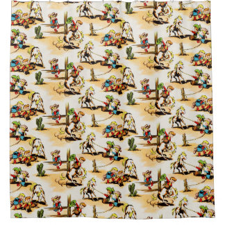 Vintage-Cowboy-Cowgirl-Land-Kinder-Pony-Kaktus Duschvorhang