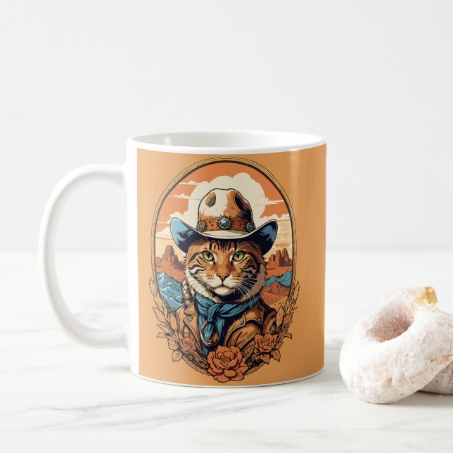 Vintage-Cowboy-Katze-Design Kaffeetasse (Mit Donut)