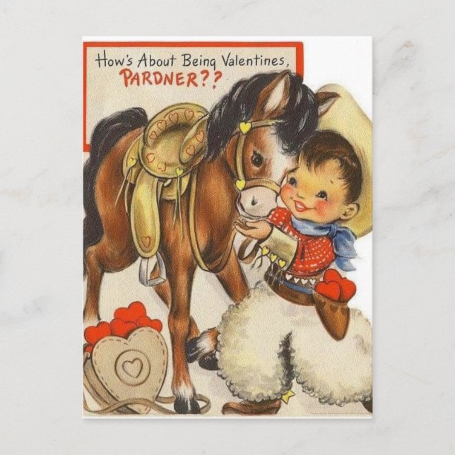 Vintage Cowboy & Niedlich Pony Valentine Card Postkarte (Vorderseite)