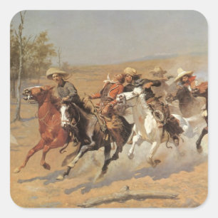Vintage Cowboys, Ein Ansturm auf Holz von Remingto Quadratischer Aufkleber