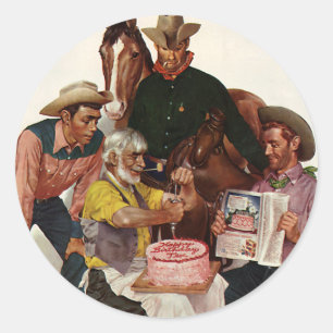 Vintage Cowboys, Happy Birthday Party Tex Runder Aufkleber
