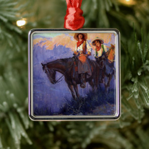 Vintage Cowboys, Mann und Frau auf Pferden, Anders Silbernes Ornament