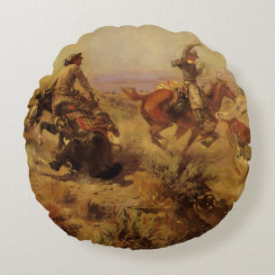 Vintage Cowboys, von CM Russell zu Boden gerissen Rundes Kissen