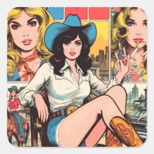 Vintage Cowgirl-Comicen Quadratischer Aufkleber