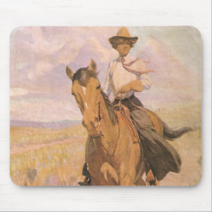 Vintage Cowgirl Cowboy, Frau auf einem Pferd von D Mousepad