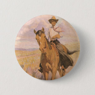 Vintage Cowgirl Cowboy, Frau auf Pferd von Dunton Button