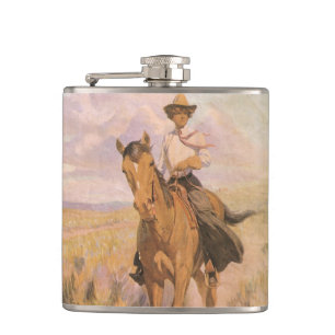 Vintage-Cowgirl Cowboy, Frau auf Pferd von Dunton Flachmann