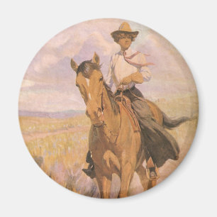 Vintage Cowgirl Cowboy, Frau auf Pferd von Dunton Magnet