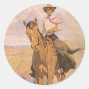 Vintage-Cowgirl Cowboy, Frau auf Pferd von Dunton Runder Aufkleber