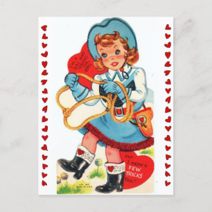Vintage Cowgirl & Lasso Valentinstag 1950er Jahre Postkarte