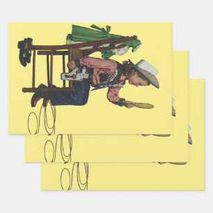 Vintage-Cowgirl-Mädchen beim Blick in den Spiegel  Geschenkpapier Set